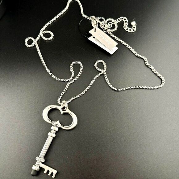 Chico's Silver tone Large Key Stylus Long Necklace Door Opener Antiqued Finish - Picture 1 of 3